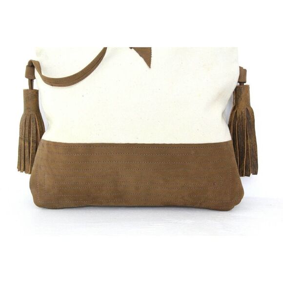HANDMADE MURKA NATURAL IVORY CANVAS BROWN LEATHER TASSEL FOLD OVER SHOULDER BAG - Picture 9 of 11